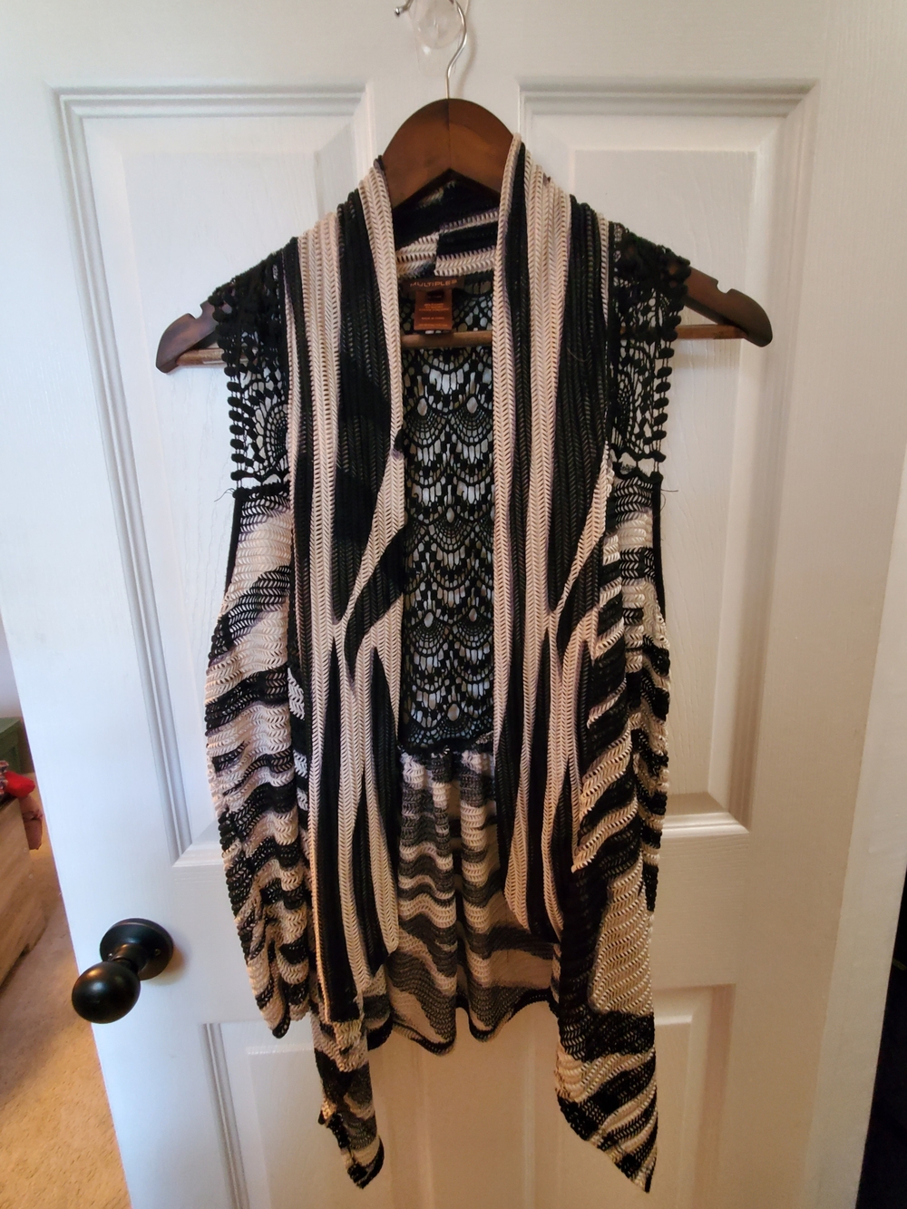 Multiples Size M Black Ivory Crochet Open Knit Waterfall Vest Boho